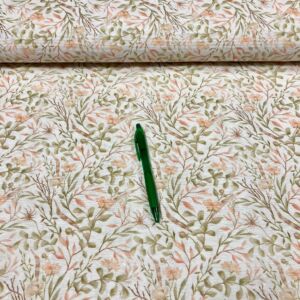 fehér alapon pasztell barack-zöld virág mintás loneta vászon