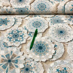 bézs alapon türkiz-ekrü színű mandala mintás loneta vászon