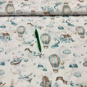 fehér alapon zsálya-drapp hőlégballon mintás pamut karton 