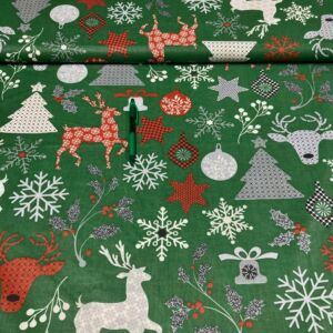 zöld alapon szarvas mintás karácsonyi pamut karton