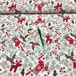 szürke-piros cukorka, szarvas mintás karácsonyi loneta vászon