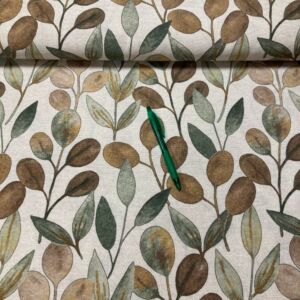 bézs alapon barna-zöld levél mintás loneta vászon 1.85 m-es darab