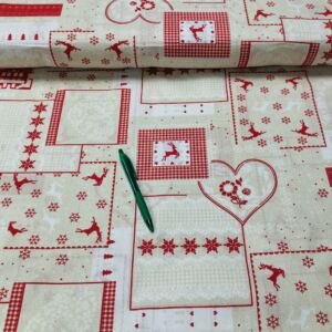 Ekrü alapon piros szarvas mintás karácsonyi kevert szálas pamut karton