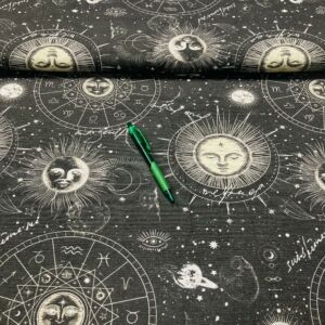 Sötétszürke alapon horoszkóp mintás loneta vászon