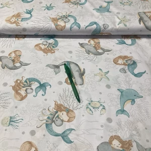 Fehér alapon sellő, delfin mintás pamut karton