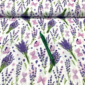 Fehér alapon levendula, pillangó mintás pamut karton