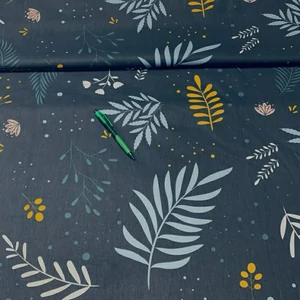 Sötétkék alapon sárga-halványkék levél mintás pamut karton