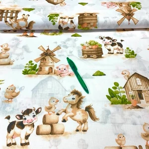 Fehér alapon kisállat farm, malom mintás pamut karton