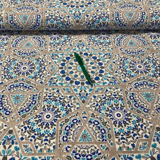 1.5 m-es darab kék mediterrán mozaik mintás loneta vászon