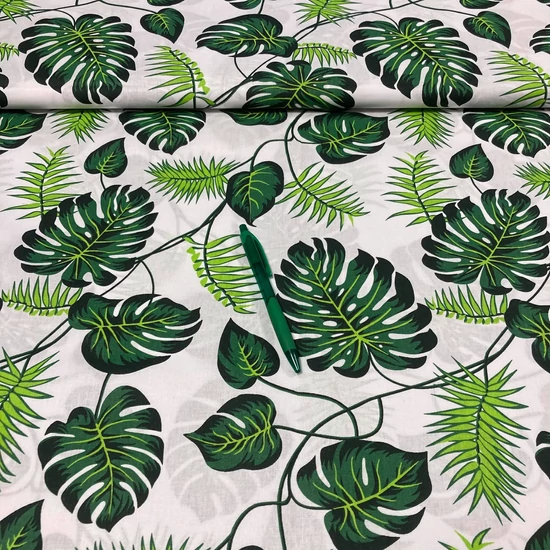 fehér alapon, zöld philodendron levelek mintás pamut karton