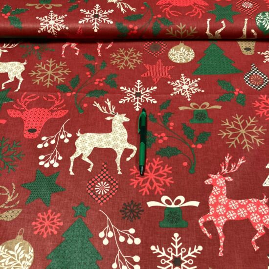 bordó alapon szarvas mintás karácsonyi pamut karton