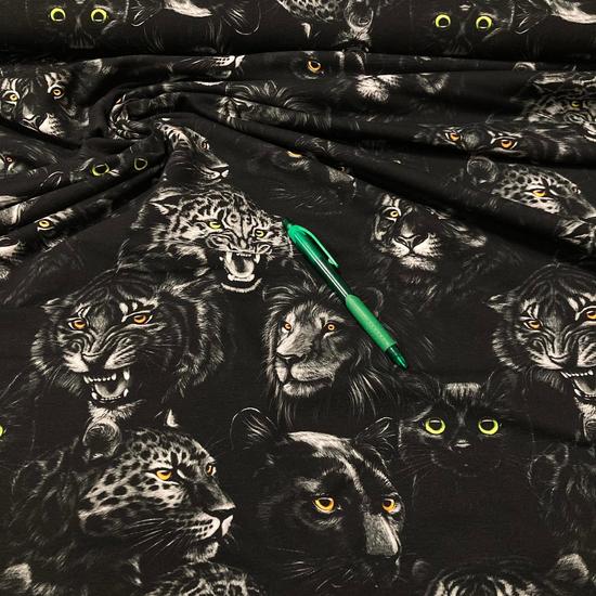 fekete alapon tigris, gepárd, oroszlán mintás pamut futter szabadidő anyag