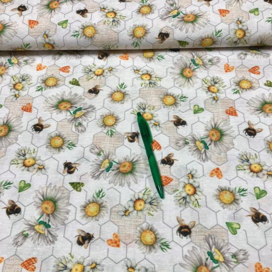 méhecske, kamilla virág mintás loneta vászon 1.55 m-es darab