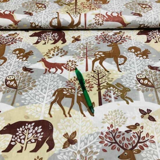szürke-drapp alapon erdei állat mintás pamut karton