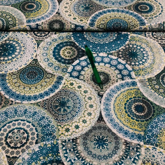 kékes-zöldes mandala mintás loneta vászon, 1.3 m