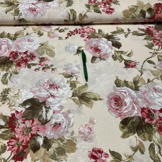 Ekrü alapon rózsa mintás loneta vászon