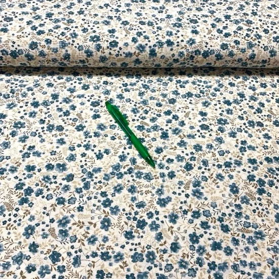 Ekrü alapon kék virág mintás loneta vászon